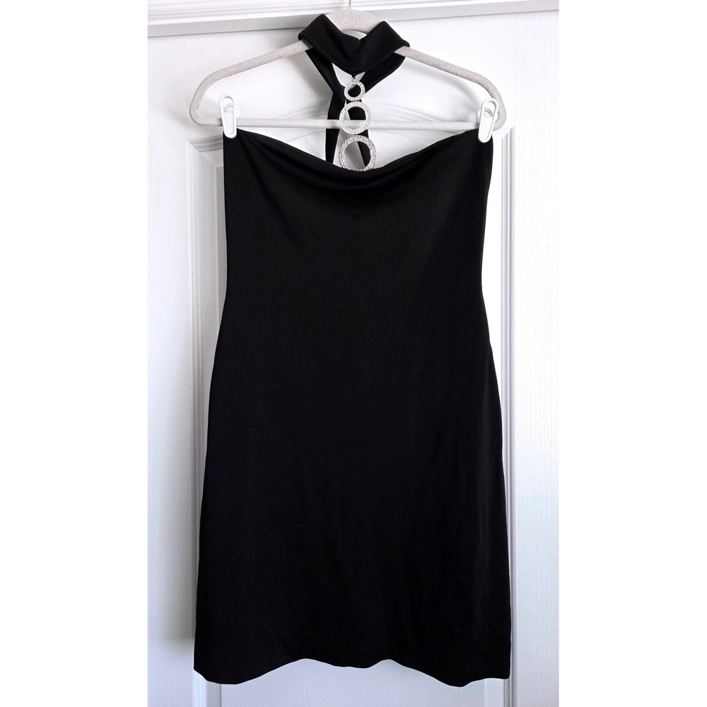 VTG Cache Black Halter Mini Dress Rhinestone Ring Choker Neck Size 10 Y2K Party